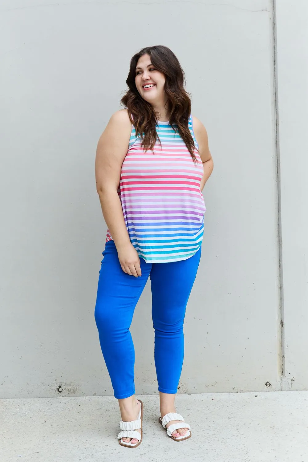 Heimish Colorful Striped Round Neck Top - Sleeveless - Love Yourself - Full Size