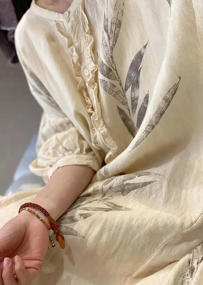 Spring Long Dress with Ruffled Print, Pockets, Cotton - New Beige (CG1010)