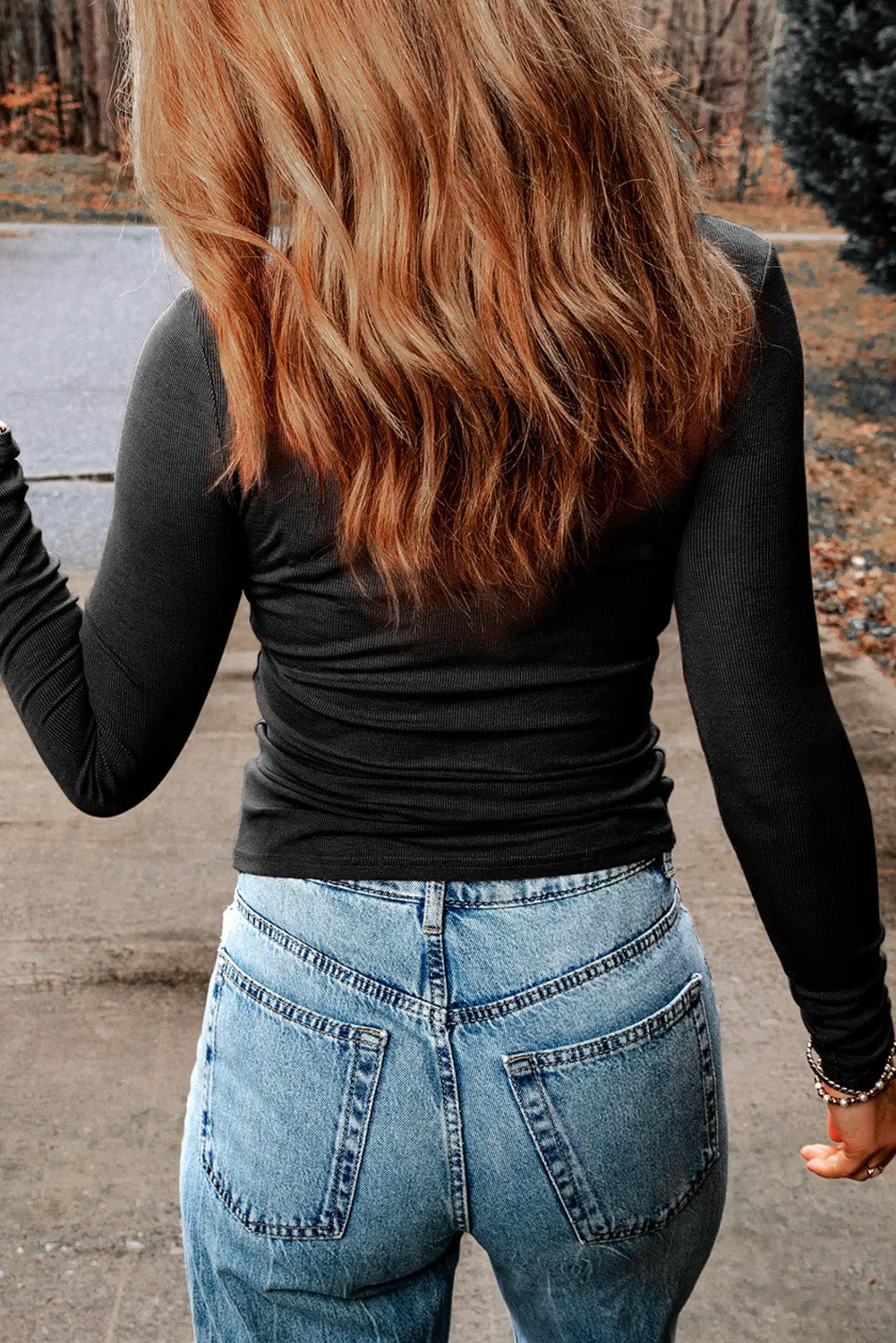 Round Neck Long Sleeve Top with Cutout